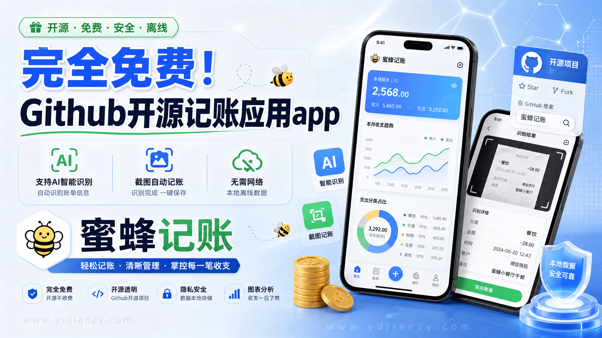完全免费！Github开源记账应用app，支持AI智能识别、截图自动记账，无需网络本地离线数据 蜜蜂记账